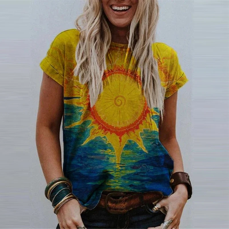 

Fashion Women's Tie Dye Prints Short Sleeve Round Neck Summer Tops Casual Baggy Graphic Tee T-shirt