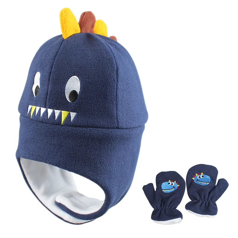 Cartoon Baby Polar Fleece Hat Glove Set Toddler Boy Girl Shark Molding Cap Infant Warm Earflap Polyester Elastic Super Soft | Детская