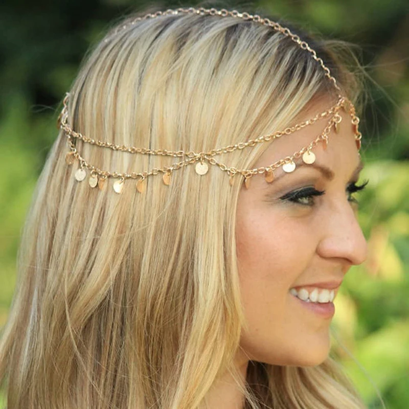 

Women Metal Head Chain Hairpiece Headband Fashion Jewelry Multilayers Tassel Round Pendant Head Chain Hair Accessories Jewelry