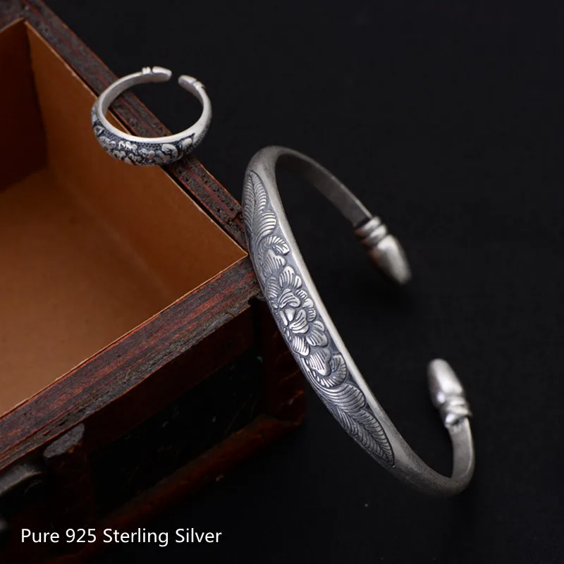 

925 Sterling Silver Classic Ethnic Style Jewelry Sets Vivid Carved Lotus Pattern Retro Ring Bangle for Women Mom