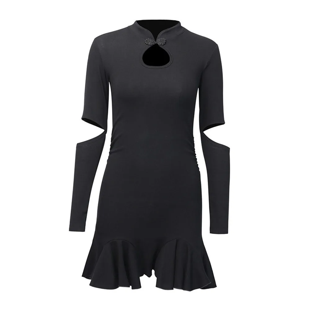 Темная Пряжка улучшенная cheongsam Платье женское отверстие гофрированные