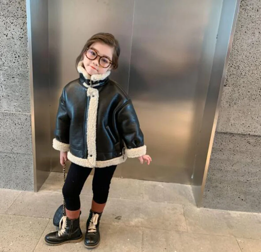 

Cultiseed Baby Girls Autumn Winter Thick Warm Turtleneck PU Leather Jackets Children Kids Lambswool Long Sleeve Casual Coats