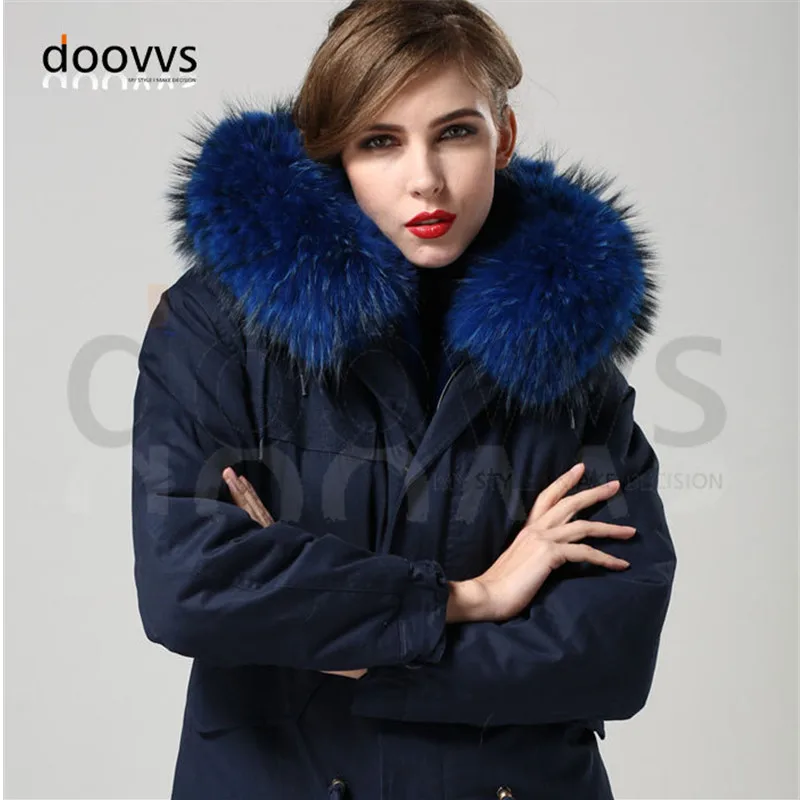 Синяя теплая зимняя меховая парка Mrs с большим воротником из натурального меха
