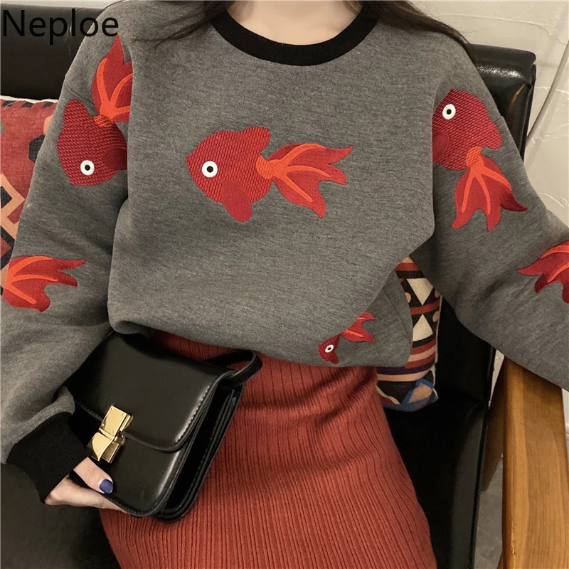 Neploe толстовки с круглым вырезом и длинным рукавом с вышивкой золотой рыбки, толстовка с толстым принтом, теплый осенне-весенний женский топ с длинным рукавом 47679