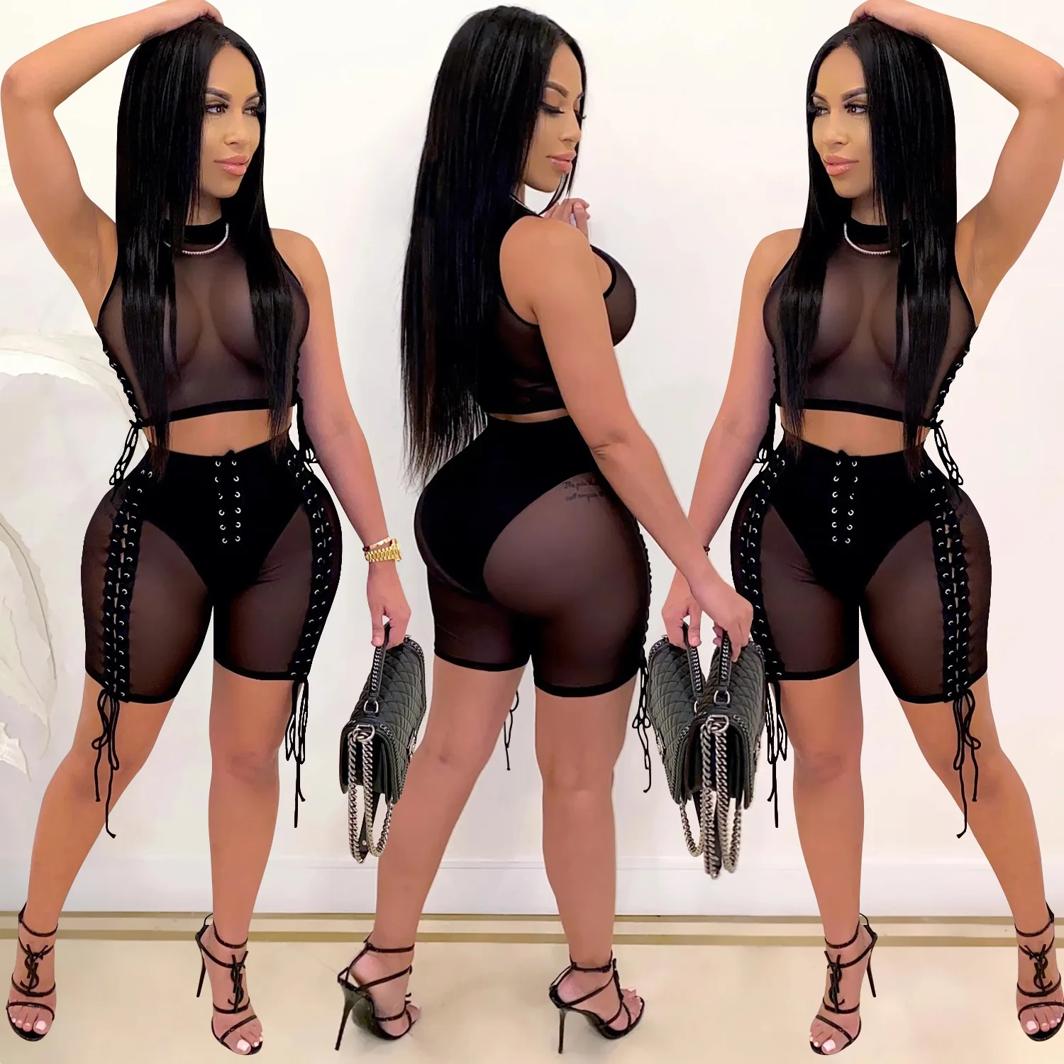 Tracksuits Women 2 Pieces Set Mesh Sheer See Through Tank Crop Tops Neon Color High Waist Lace-up Biker Shorts Female Clothes | Женская