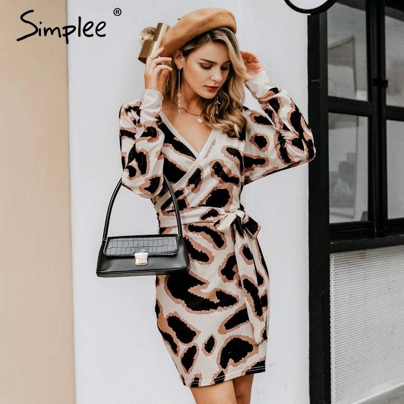 Simplee Sexy v-образным вырезом платье женщин высокой талией леопардовое платье женский вечернее платье Элегантные дамы шикарные уличные платья ночной клуб платье