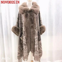 2022 winter cloak warm women plus size tassel overcoat faux fox fur big collar cape fashion printed poncho with fur sleeves