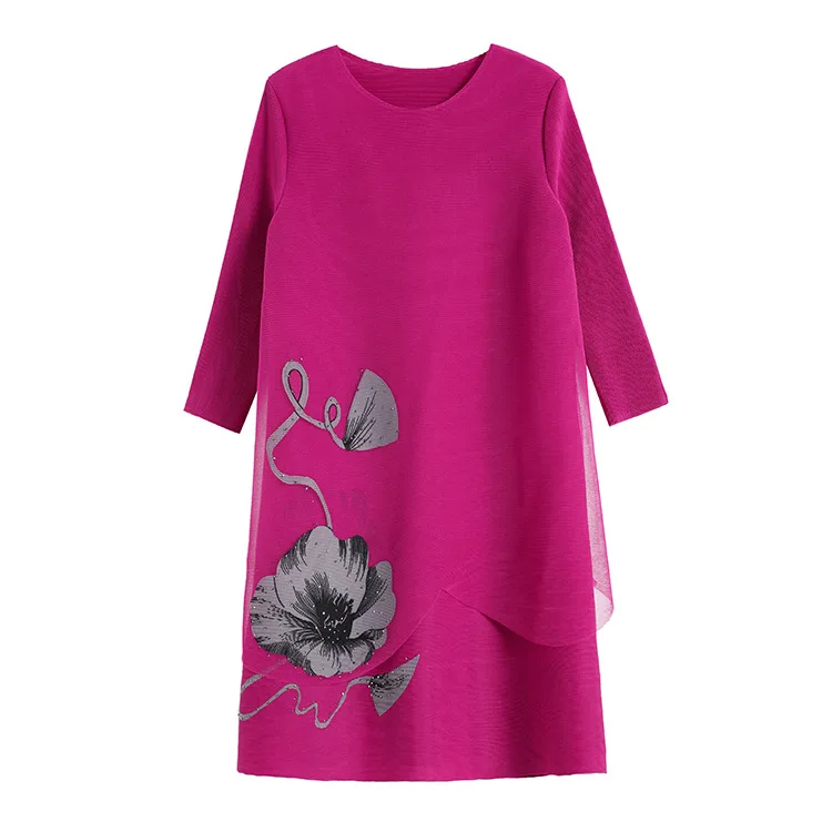 

National Wind Flower hot drilling mesh dress female spring MIYAKE pleated seven-point sleeve loose dresses free ship
