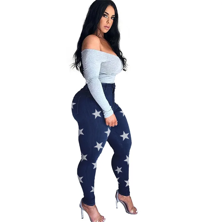 

PLUS SIZE Hot-selling plus size women's high stretch jeans pants custom logo print on product and package from 1pc dropship