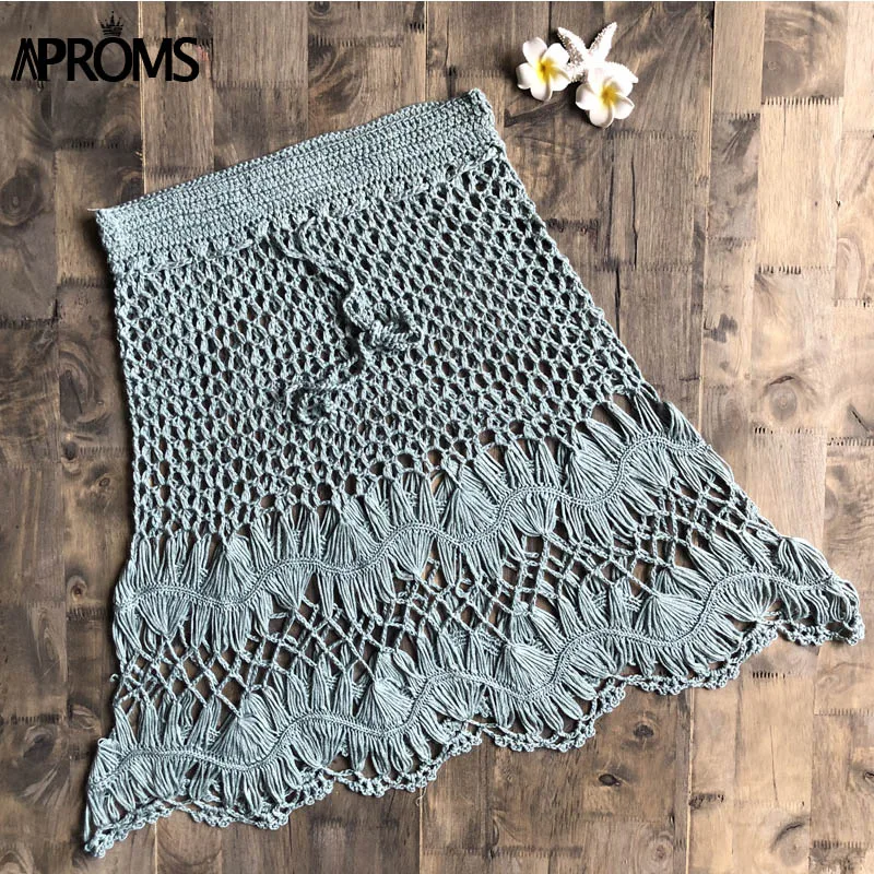 Lake Green Aproms в стиле бохо из хлопка вязаные крючком Мини-юбки Для женщин летние Высокая Талия пляжные открытые мини-юбка прохладный девушки бикини дно - Цвет: Lake Green