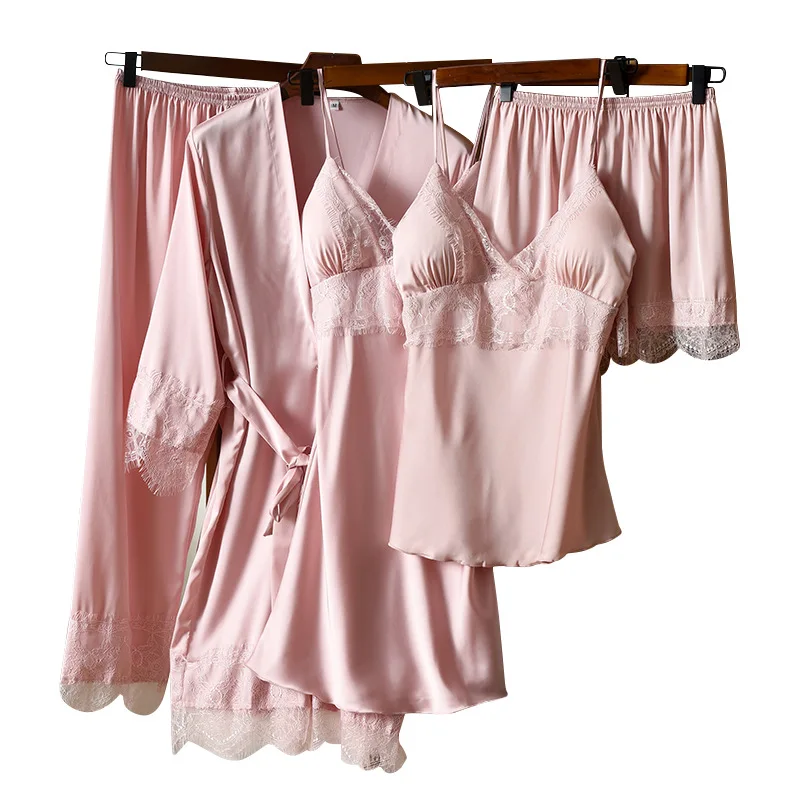 

Women 5PCS Pajamas Suit Sleep Set Spring Autumn New Homewear Sexy Intimate Lingerie Satin Home Clothing Casual Sleepwear