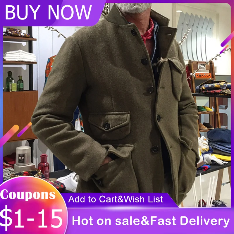 Мужская короткая куртка со стоячим воротником однобортное пальто на кнопках с