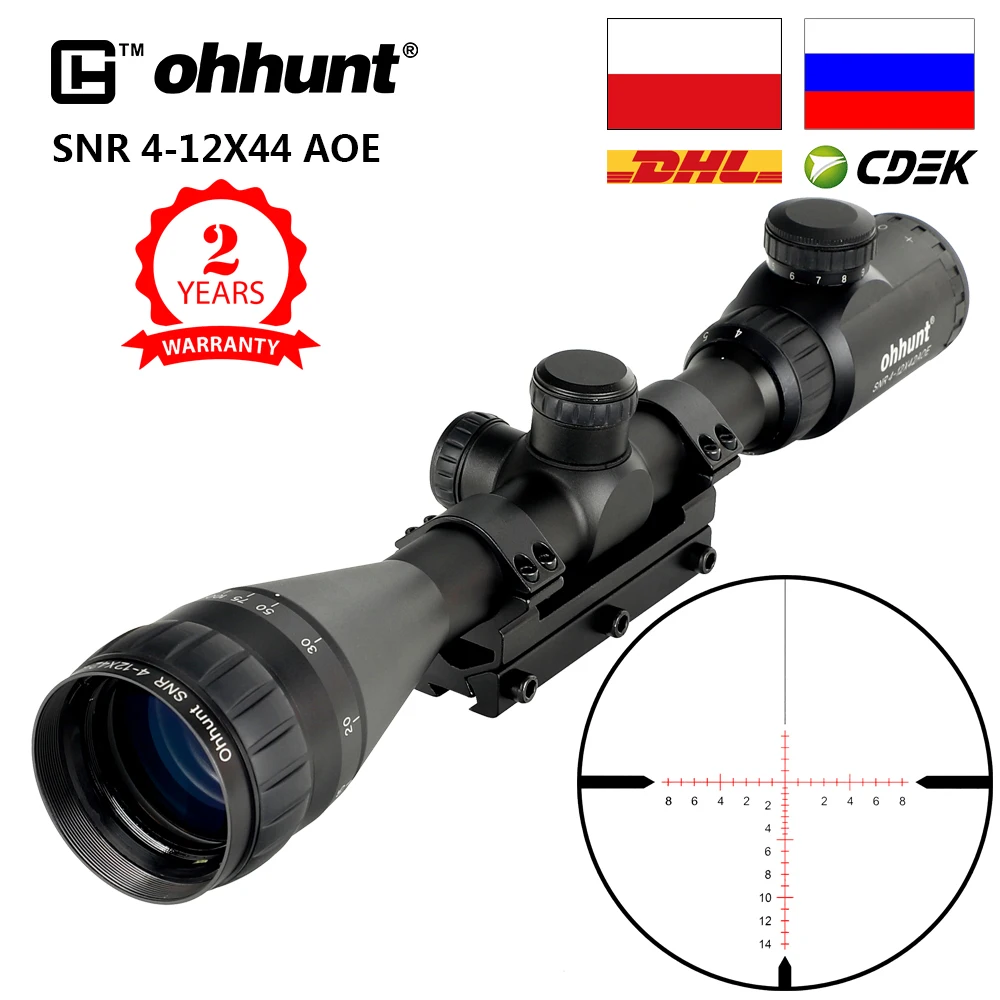 Best ohhunt SNR 4 12x42 AOE Hunting Riflescope Red Illuminated Glass Etched Reticle Sniper Optic Rifle Scope Sight with Ring