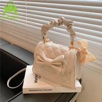 fashion leather diamond lattice pattern handbag ladies ribbons chain bag small crossbody bag solid color shoulder messenger bag