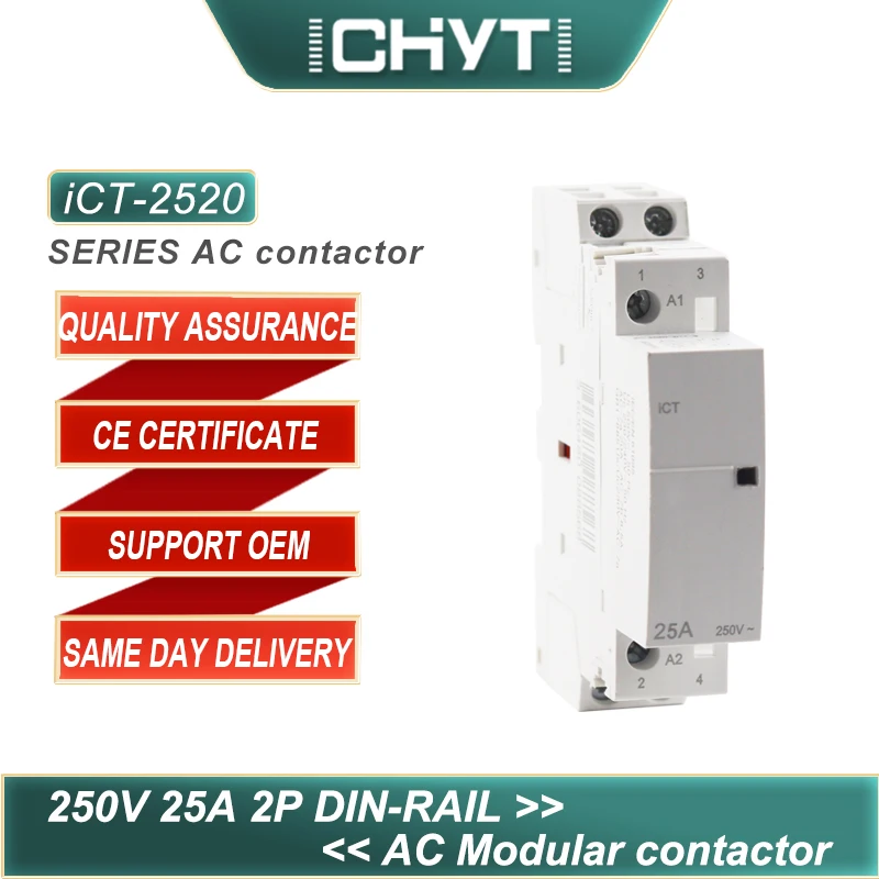 

CHYT iCT-25 2P 2NO 2NC or 1NO 1NC AC 250V 25A Electric Din Rail Mounted Household Modular Contactor