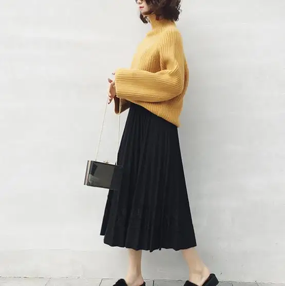 2020 Autumn Winter Vintage Woolen Skirts Women A-line High Waist Pleated Skirt Female Elegant Long Maxi Black Khaki LJ33 | Женская