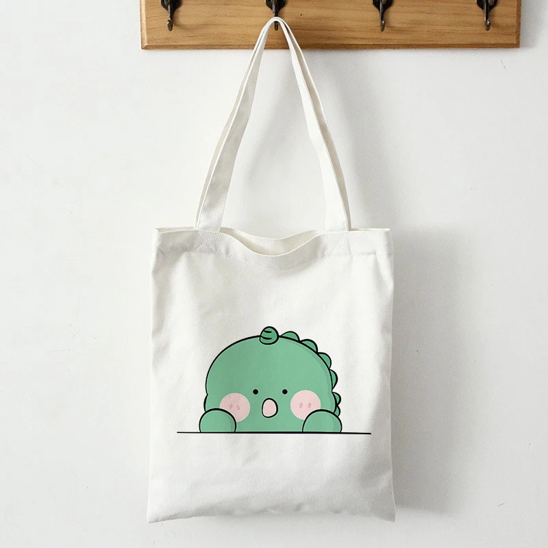 

Kawaii Skateboard Frog Dinosaur Shopping Bag Reusable Canvas Shopper Bag Tote Bag Handbag Women Female Cotton Cloth Shoulder Bag