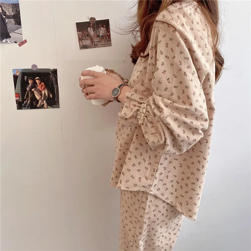 

CBAFU spring autumn vintage floral print pajama set ruffles long sleeve pullovers pants homewear 2 piece set trousers M676