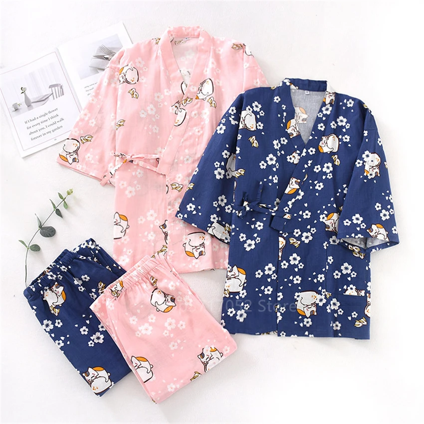 

Japanese Style Kimono Pajama Women Men Couple Cat Print Causal Homewear Traditional Clothing Sweat Spa Top Pants Yukata Robe Set