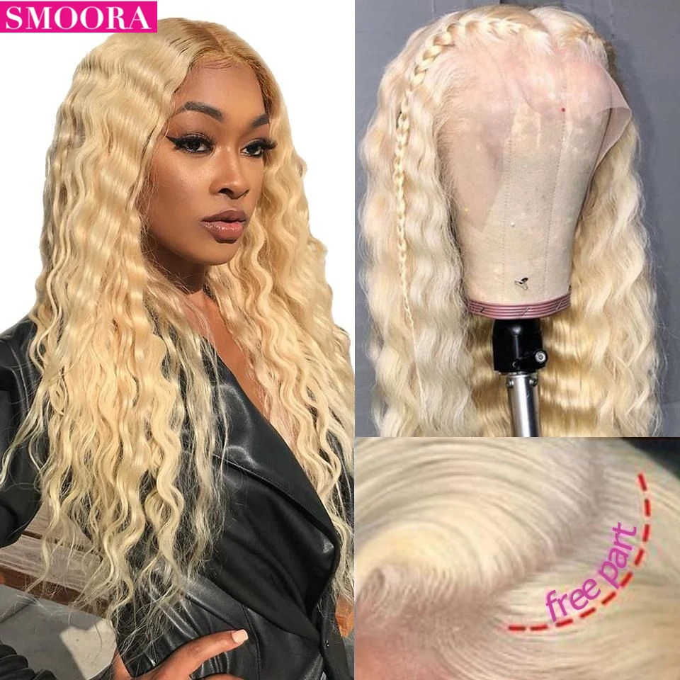 

40" 613 13x4 Lace Front Human Hair Wigs Pre Plucked Glueless Brazilian Deep Wave Blonde Transparent Lace Frontal Wig 150% Remy