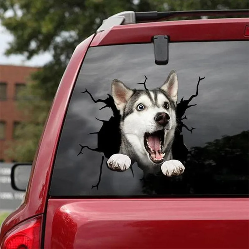 

3D Stickers Funny Dog Head In The Crack Vinyl Car Stickers Decals Car-window Decorative Goods Husky Bulldog Crack Sticker