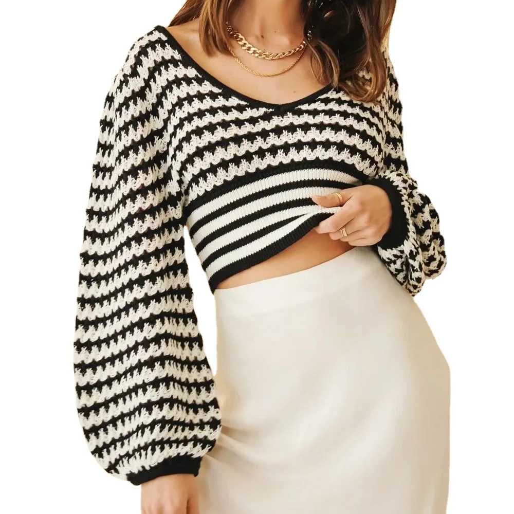 

Sexy Slim Pullover Sweater Women Fall 2021 Thin Loose Lantern Sleeve Striped V-Neck Short Knitted Top