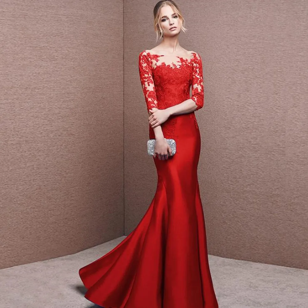 Vestidos De Noiva Royal Blue Satin Mermaid Evening Dresses 2021 Sheer Neck Lace See Through Elegant Prom Party Formal Gowns | Свадьбы и