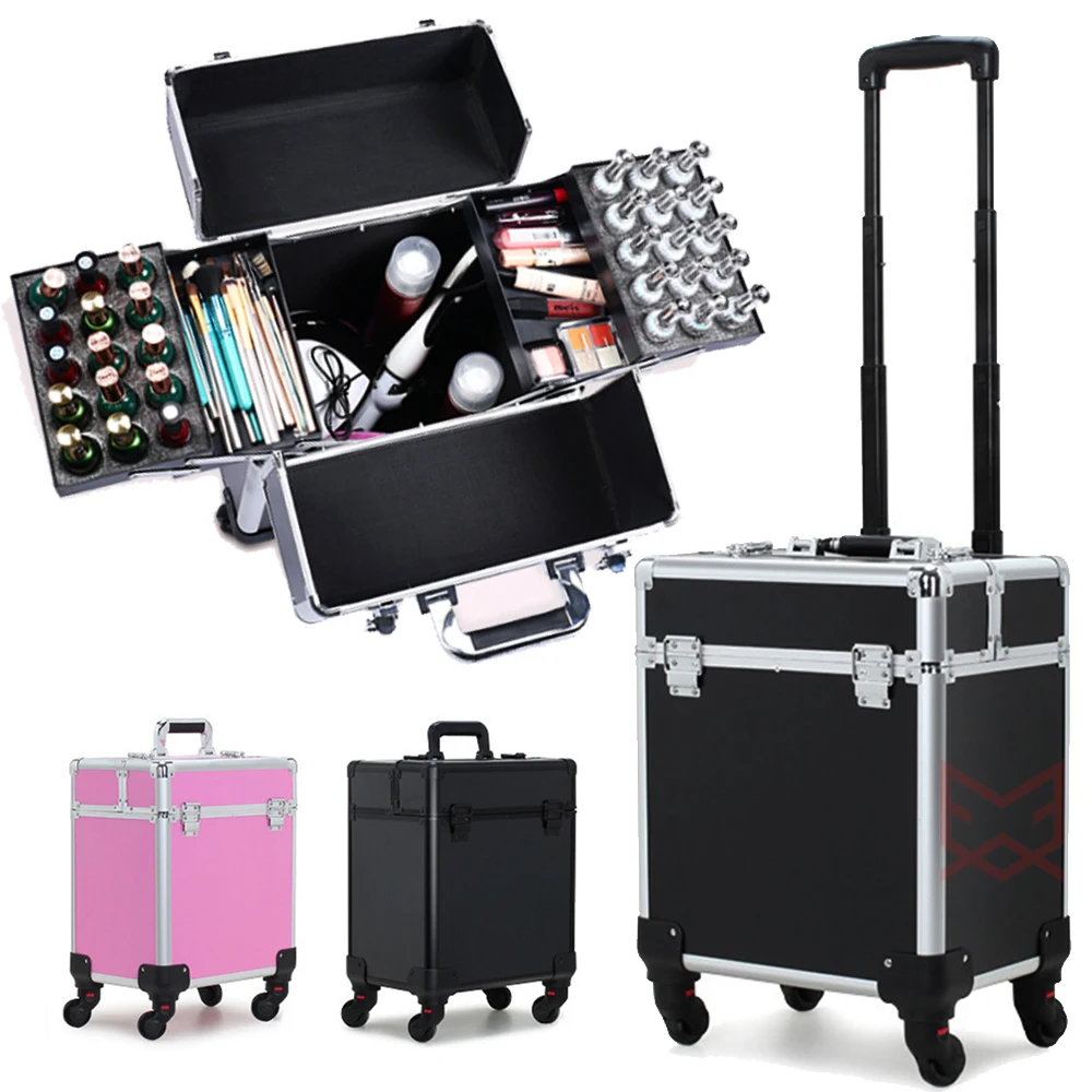 

Makeup Case with Legs Large Empty Storage of Cosmetic Full Organiser for Girl Professional Hard Bag Trolley On Wheels Pink Black