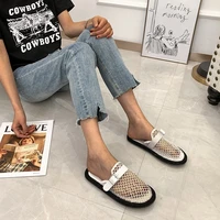 summer fashion mesh mules sheos for women breathable round toe low heels pumps female outdoor party casual shoes black white