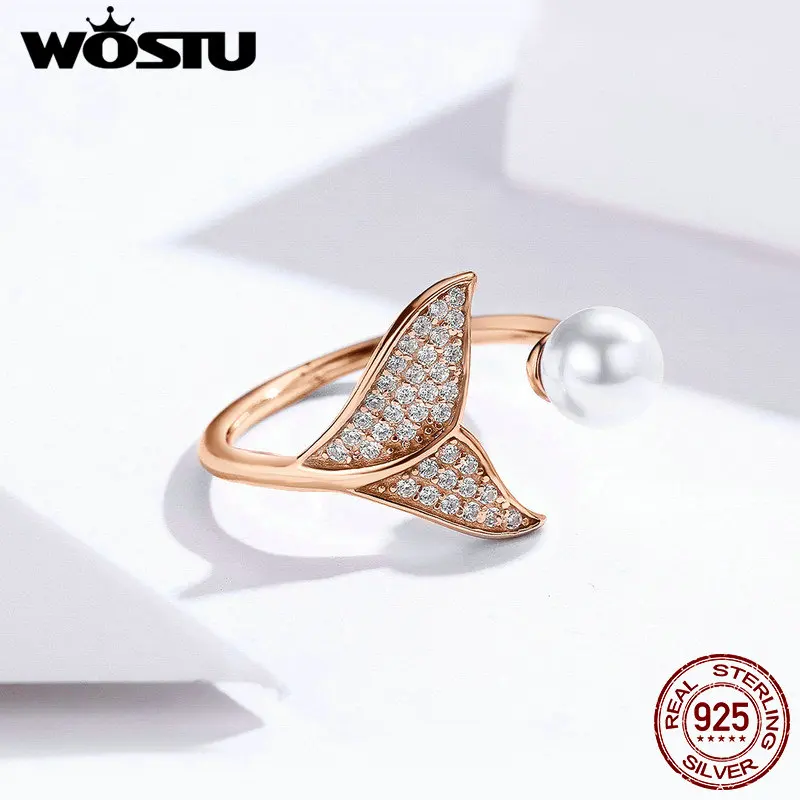 WOSTU 100% 925 Sterling Silver &amp Pearl The Tail Of Mermaid Adjustable Rings for Women Luxury S925 Jewelry Gift FIR286 | Украшения и