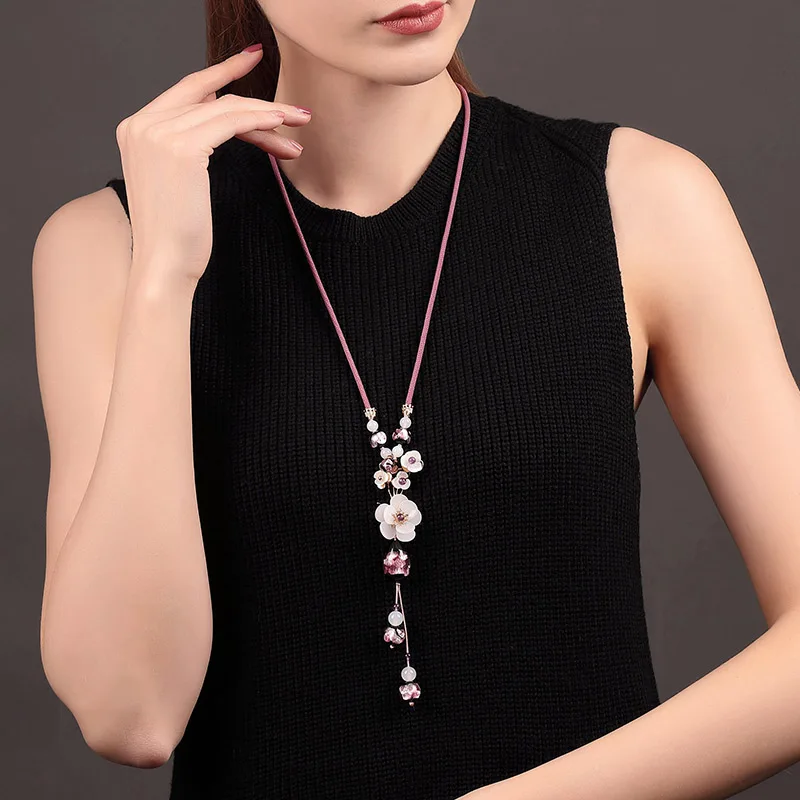 

Top Quality Women Girls Stone Glaze Necklace Pink Blossom Flower Charm Necklaces Pendants Copper Jewelry Beautiful Necklace