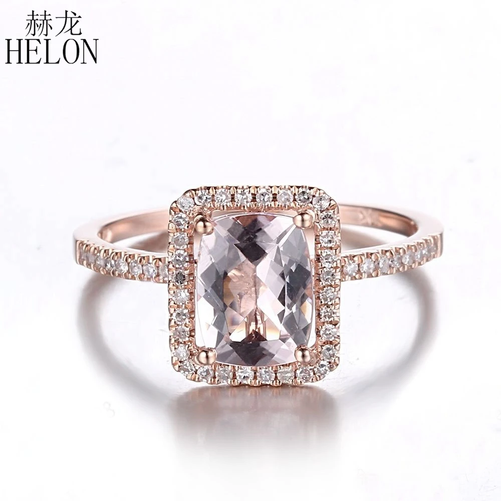 

HELON Solid 18K AU750 Rose Gold Flawless Cushion 8x6mm Natural Morganite Diamonds Jewelry Gemstone Ring Women Birthday Best Gift
