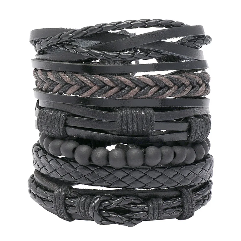 

2020-Men's braided leather bracelet, 6-piece set, retro resort style