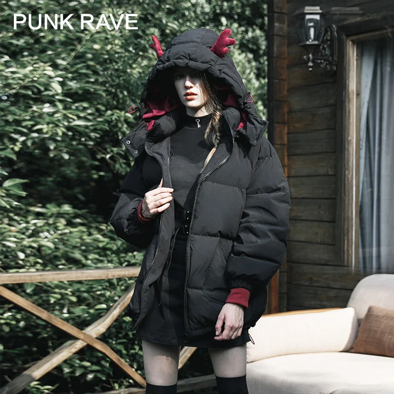 

PUNK RAVE Girl's Dark Mid-length Down Jacket Slim College Style Hooded Coat Winter Warm Women Jacket