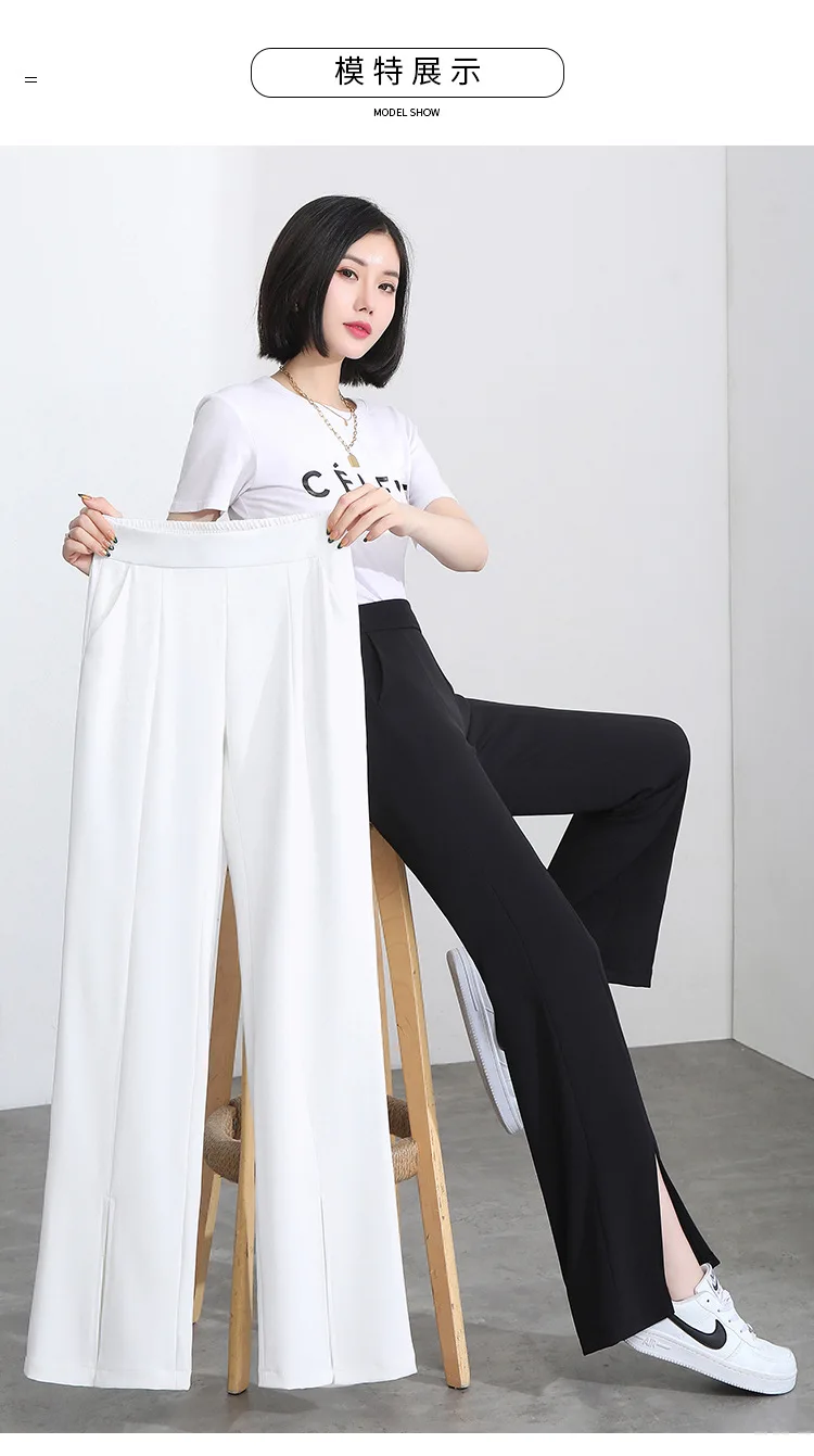 

Summer Women High Waist Slit Elegant Korean Plus Size Wide Leg Pants Office Lady Fashion Loose Black/white Straight Trouser 8039