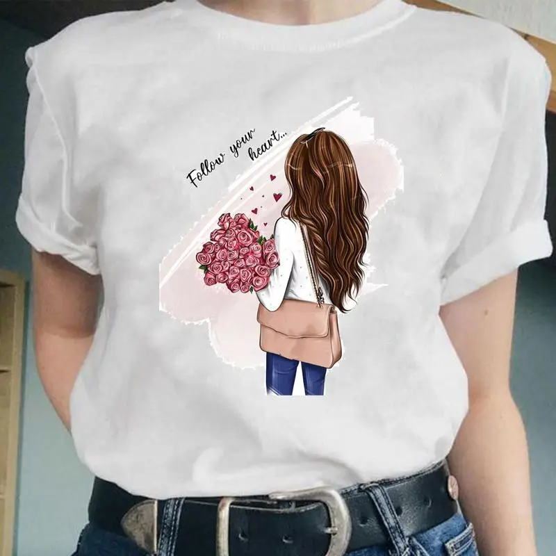 

Women Flower Love Heart New Love Sweet Fashion Graphic Female Short Sleeve Tops Cartoon Lady Clothes Tees Tshirt Print T-Shirt