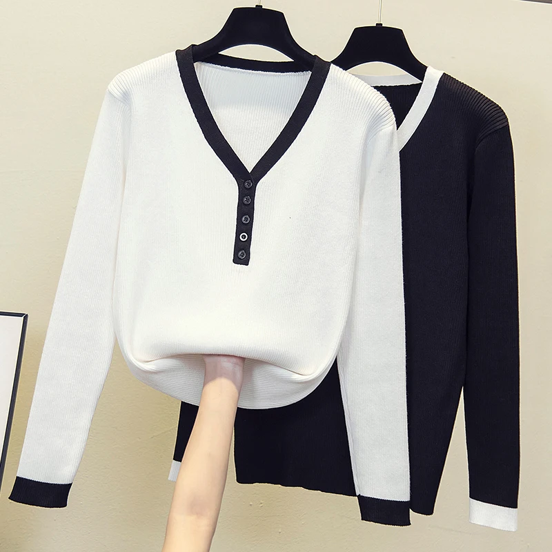 

2021 cotton spring autumn baisc V-neck chic Sweater Women Pullover loose soft Long Sleeve loose Knit Sweater Female Jumpers
