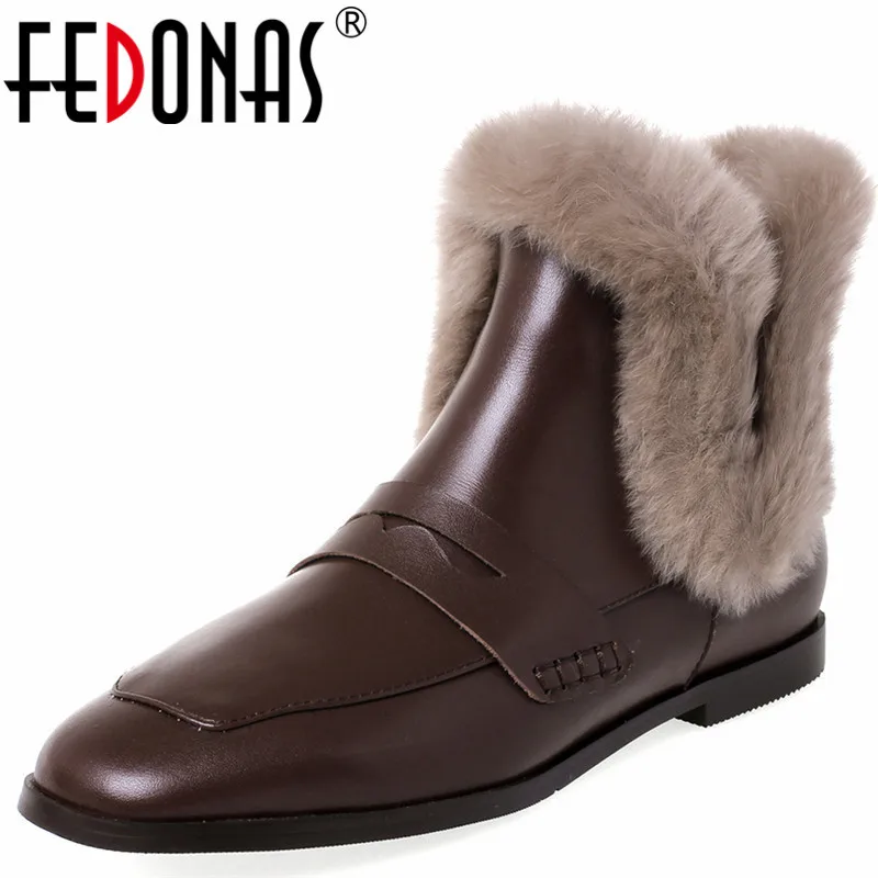 

FEDONAS Mature Retro High Quality Genuine Leather Ankle Boots For Women Autumn Winter Low Heels Working Rabbit Hair Shoes Woman