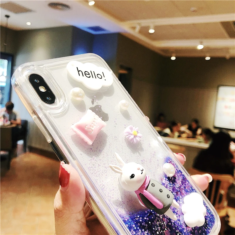 Cartoon Rabbit Epoxy TPU Cover For iPhone X 6 6S 7 8 plus Phone Case iphone XR XS Max Glitter Liquid Quicksand Back |