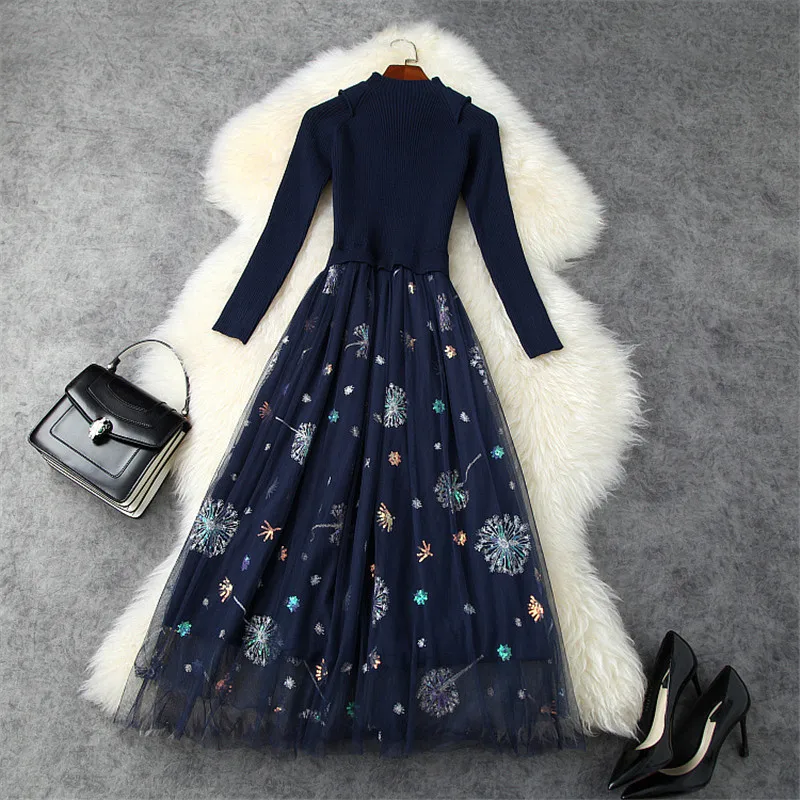 

Fashion Runway Designers Stand Neck Embroidery Mesh Patchwork Midi Knit Sweater Dress High Quality Autumn Winter Woman Clothes