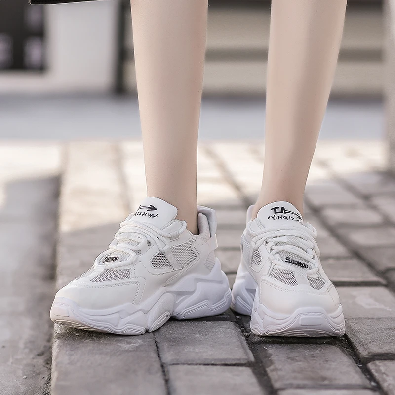 

White Sneakers Fashion Women Shoes Black Mesh Casual Shoes Woman Trainers Lace-Up Platform Sneakers Women Vulcanize Shoes Summer