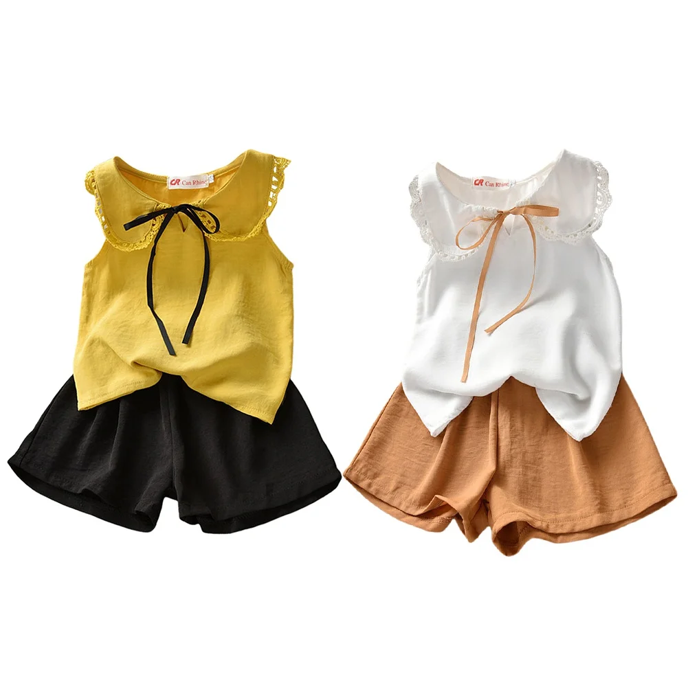 

Summer Children Clothing Set Baby Girls Short Sleeve 2Pcs Set 1-6Years Solid Color Tops+Casual Shorts