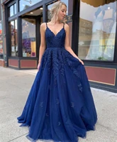nave blue evening dress a line lace appliques sleeveless spaghetti strap tulle women formal party gowns special floor length