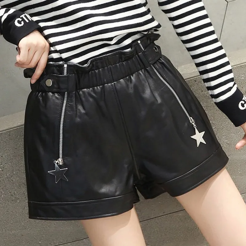 Star Tassel Real Leather Shorts Women Street High Waist Straight Wide Leg Shorts Autumn New Pocket Black Shorts Size 4XL