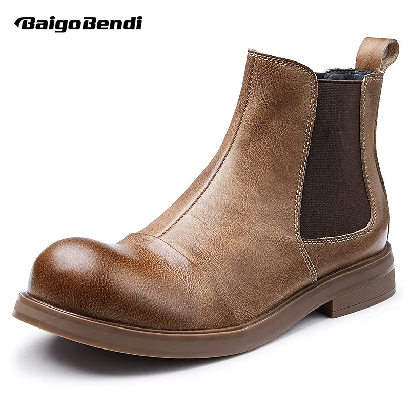 

High End Slip On Ankle Boots Business Man Winter Full Grain Leather Soliders Boots Big Round Toe Trendy Shoes Men
