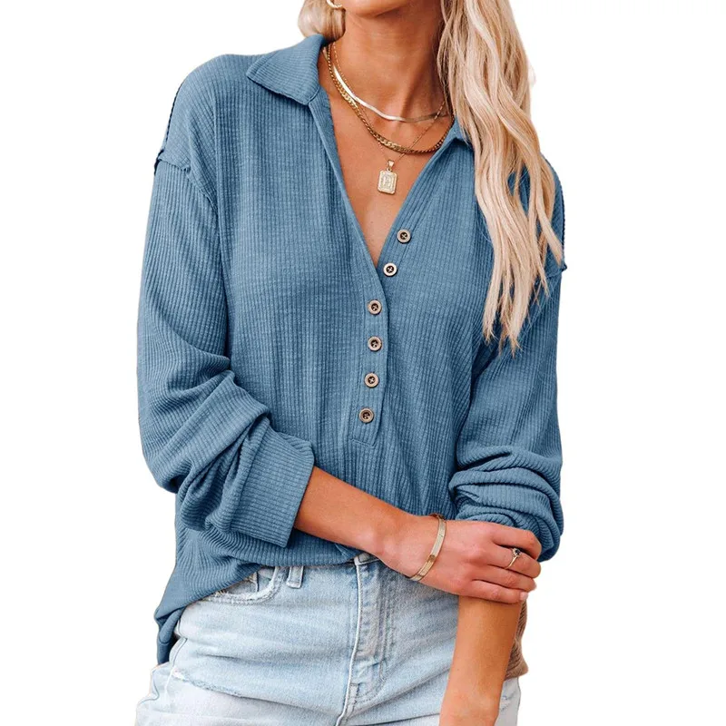 

Autumn Women Ribbed Cotton Tshirts Half Button Long Sleeve Casual Top Turn Down Collar Hotsale Solid Color T-shirt Femme 2021