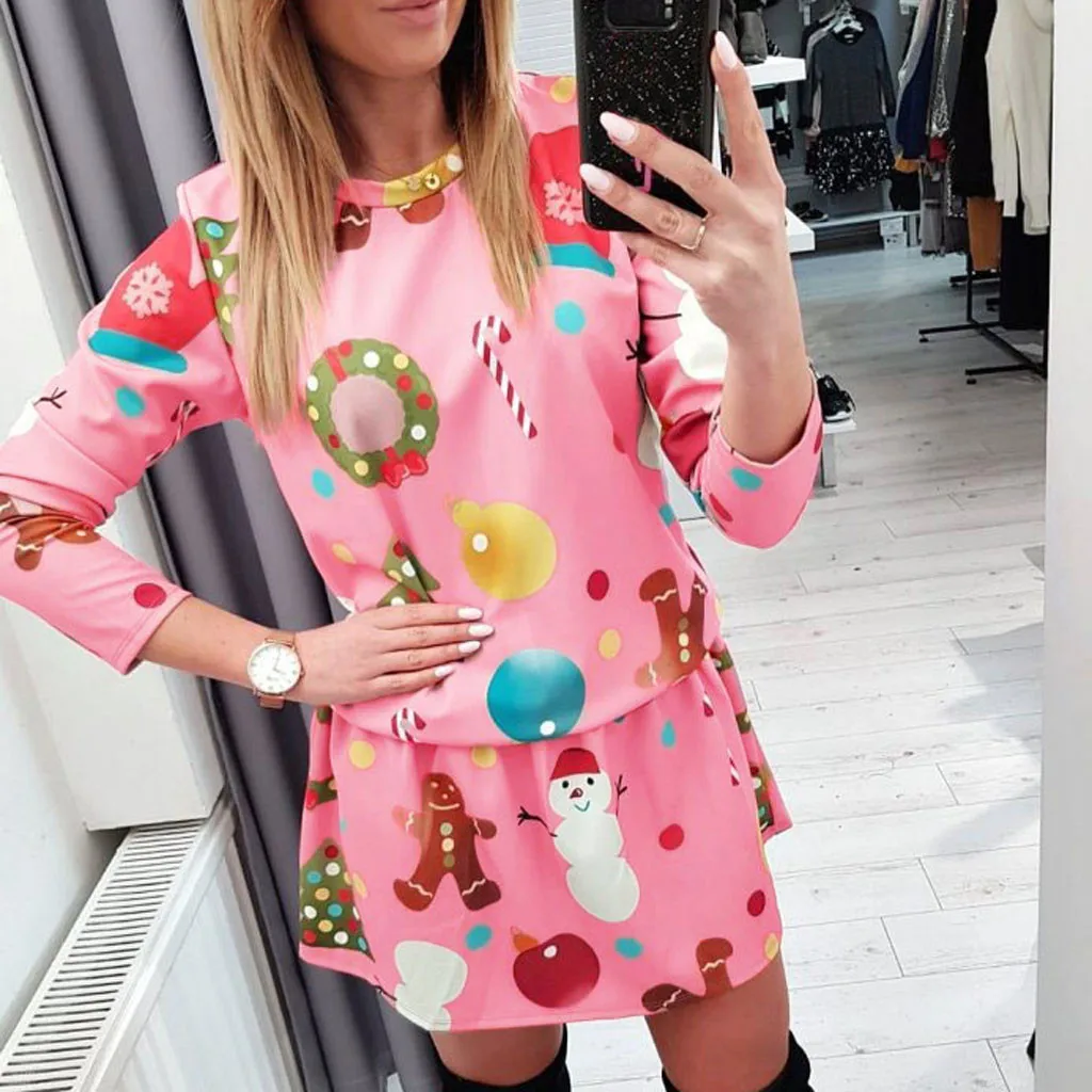 Vestidos весенне-осеннее Новое модное рождественское платье с круглым вырезом и принтом снежинки, милое мини-платье с длинными рукавами для женщин