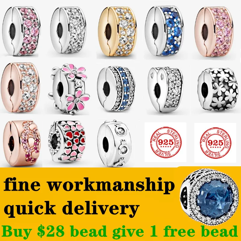 

Free delivery pando 925 SILVER Diy pink daisy heart-shaped Full drill clips Silver Beads