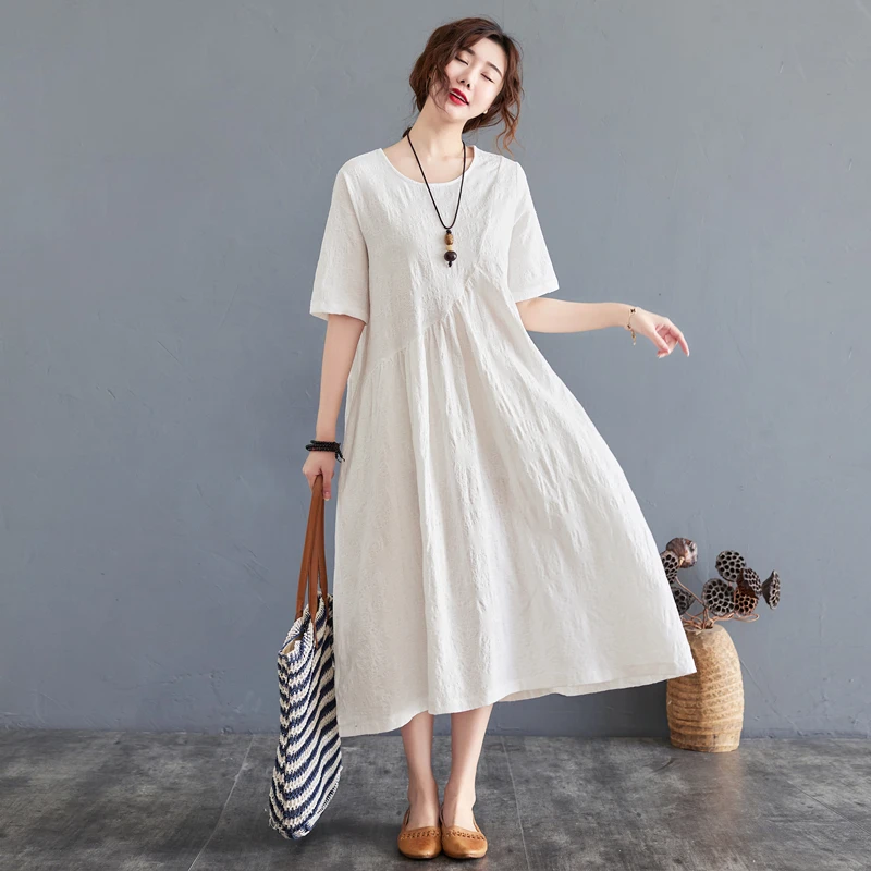 

2021 Plus Size Women Summer Dress Sundrerss Vintage Jacquard Elegant Lady Vestidos Loose Cotton Linen Female Clothing