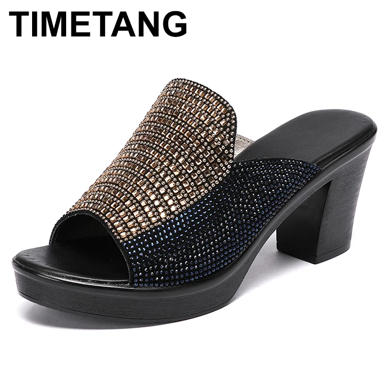 

TIMETANG босоножки на высоком каблуке; Женская обувь из натуральной кожи Стразы сандалии на платформе 2020 новые женские босоножки; Открытый носо...